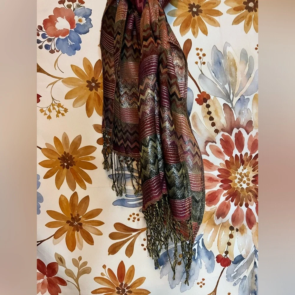 Gorgeous Boho Chevron Brown Gold Black Retro Style Tasseled Fashion Hippie Scarf